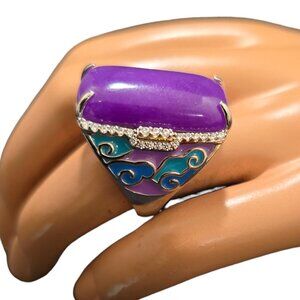 Joy Statement Ring  Purple Jade Sterling Silver Enamel Size 9 Signed **EUC**